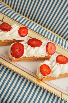 Mini Strawberry Millefeuille Pastries on Decorative Tray Close Up