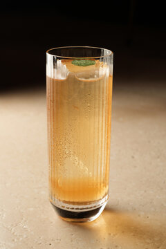 Sparkling Highball Cocktail with Clear Ice Block and Mint Leaf Garnish