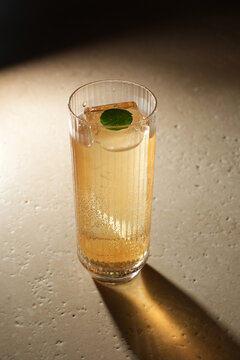 Sparkling Highball Cocktail with Clear Ice Block and Mint Leaf Garnish