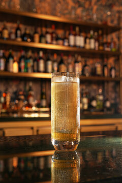 Sparkling Highball Cocktail with Clear Ice Block and Mint Leaf Garnish