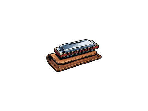 Diatonic blues harmonica instrument resting on leather pouch vector illustration isolated