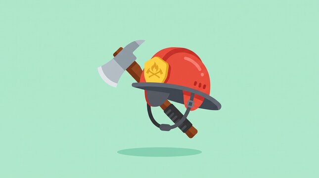 Protective firefighter helmet with rescue axe isolated on pastel background, flat emergency equipment icon