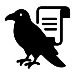 Obraz premium Perched raven or crow bird holding an unrolled parchment scroll for delivering a spooky prophecy or halloween decree icon line style