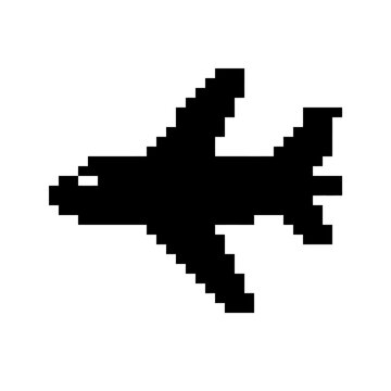 Silhouette pixel art airplane flying.