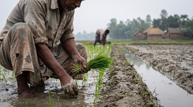 Farmer planting rice seedlings, paddy cultivation (Oryza sativa), traditional agriculture and rural farming in muddy fields.