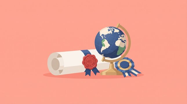 International treaty document with wax seal and globe isolated on pastel background, flat diplomatic agreement concept