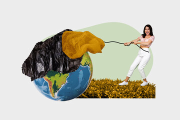 Banner artwork poster composite image collage of happy girl volunteer pull rope earth cleaning...