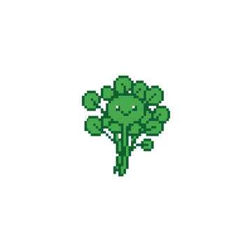 Smiling green herb bunch pixel art illustration.