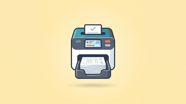 Automated ballot counting machine with voting papers isolated on pastel background, flat election administration technology icon
