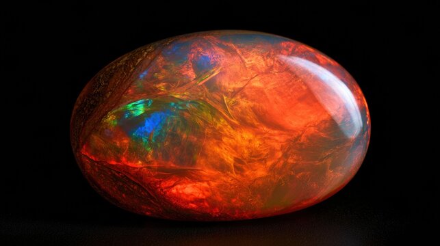 A fire opal shows warm color flashes against a simple backdrop. The design allows for extra space for text or design use.