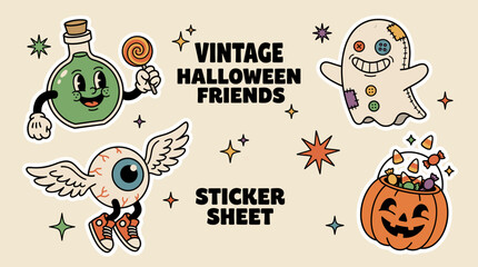 Obraz premium Cute Vintage Halloween Sticker Sheet with Cartoon Ghost Potion Eyeball Pumpkin.
