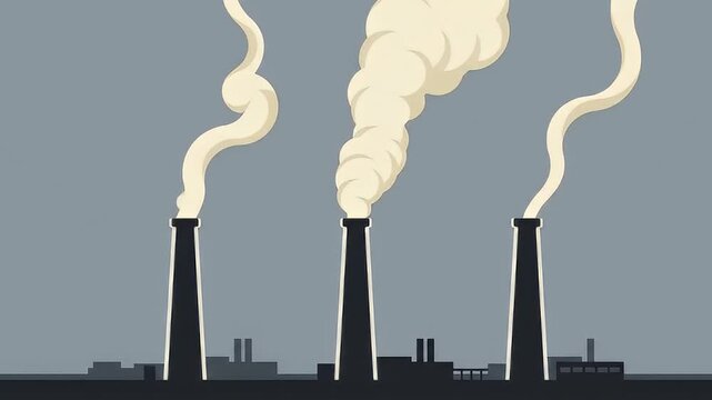 Tall Industrial Smokestacks Emitting Thick White Smoke Against Gray Sky