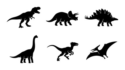 Dinosaur Silhouettes Vector Set: Tyrannosaurus, Triceratops, Stegosaurus, Brontosaurus, Raptor, Pterodactyl Icons © Nitu