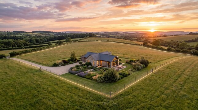 country house in a vast green field surrounded by a glowing lit land boundary fence at sunset.