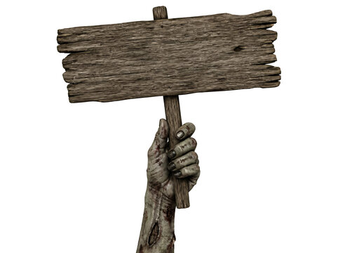 Zombie hand holding old wooden sign isolated on transparent background