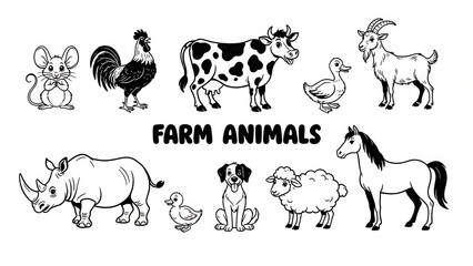 Fototapeta premium Farm Animals Line Art Vector Collection