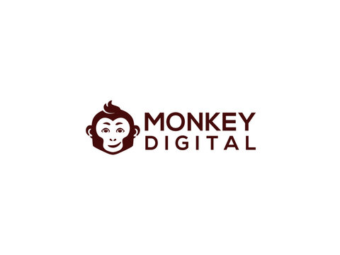 Monkey head illustration with text a brown and white logo design