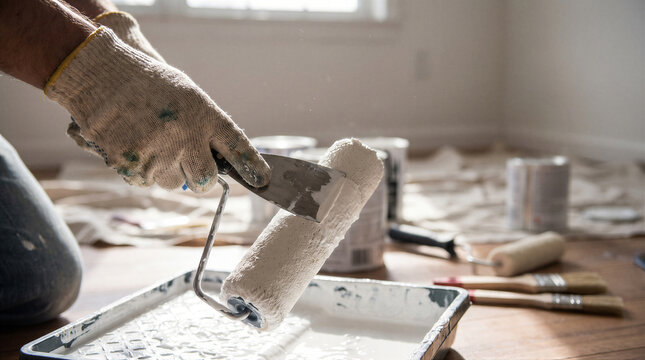 Closeup of a worker using a putty knife to clean excess white paint from a paint roller in a home renovation project