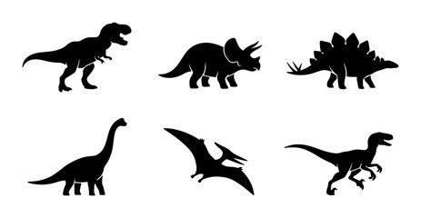 Six Dinosaur Silhouettes Vector Icons, Prehistoric Creatures Collection, Jurassic Era Animal Graphics, Paleontology Set © Mitu