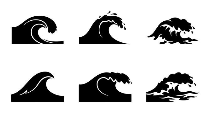 Set of 6 Black Silhouette Ocean Waves, Dynamic Sea Swells, Water Surfing Icons, Nautical Marine Vector Art