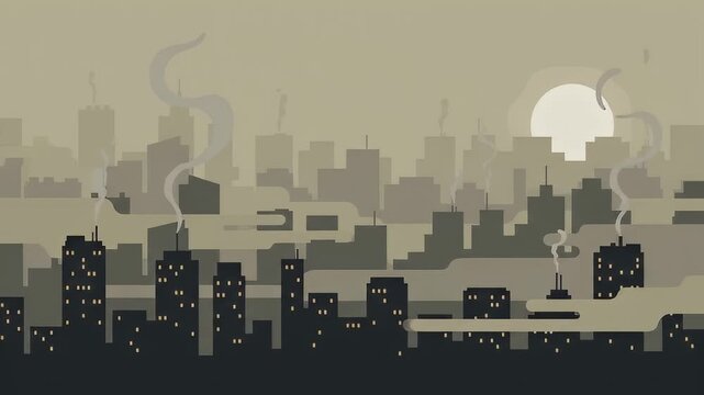 Industrial City Skyline Emitting Smoke at Hazy Sunrise
