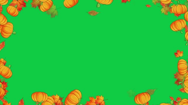 autumn leaves and pumpkins border frame isolated green screen 4k animation,chroma key pumpkin thanksgiving and Halloween celebration video stream overlay social media motion design element