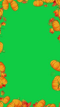 autumn leaves and pumpkins border frame isolated green screen 4k animation,chroma key pumpkin thanksgiving and Halloween celebration video stream overlay vertical social media motion design element