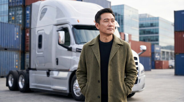 Asian man in a coat standing in front of a semitruck at a shipping container yard