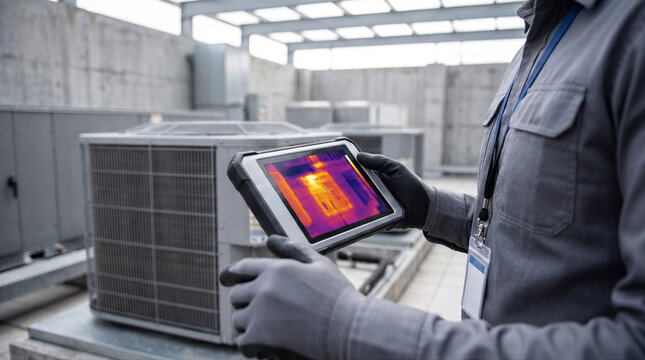 Technician using a thermal imaging tablet to inspect an industrial hvac unit on a commercial building rooftop