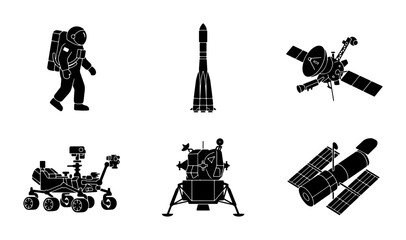 Space Exploration Icons: Astronaut, Rocket, Rover, Lander, Satellites, Vector Set for Science and Technology © Mitu