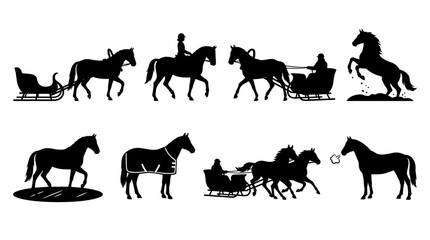 Fototapeta premium Set of horse silhouettes featuring riders, carriages and winter sledges, dynamic poses including rearing and walking, black vector elements for