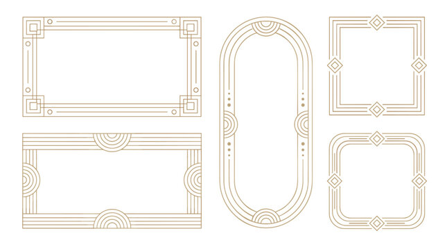 Set of decorative gold line art frames and vintage border elements, elegant geometric ornaments, classic wedding stationery invitations, luxury