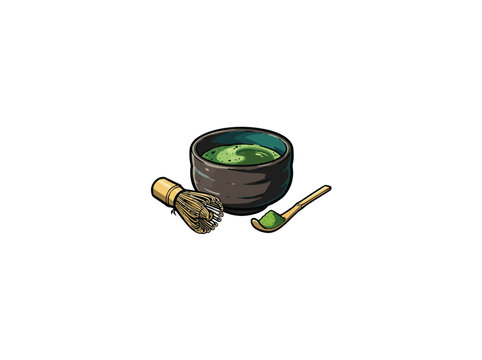 Traditional Japanese matcha tea bowl with bamboo whisk and spoon vector illustration isolated