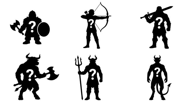 Set of fantasy hero and monster silhouettes with mystery question mark icons, representing unlocked characters, gaming interface elements, hidden
