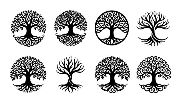 Set of 8 Intricate Tree of Life Vector Icons, Celtic Knot Roots, Circular Ornate Designs, Spiritual Symbolism