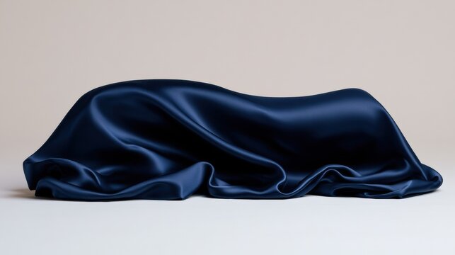 A navy silk fold rests gently on a light surface, providing soft highlights and a spacious area for text or branding.