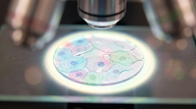 Stained cells on microscope slide with translucent membranes, culture medium, and soft fluorescence for biology, pathology, and laboratory research.