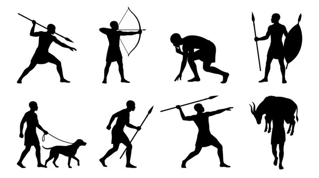 Set of black silhouettes of african tribal people performing daily activities, hunters with spears, traditional culture, ethnic heritage, ancient
