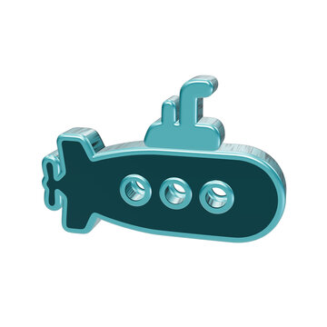 3D rendered icon of a teal submarine with a periscope and three portholes, isolated on a solid black background