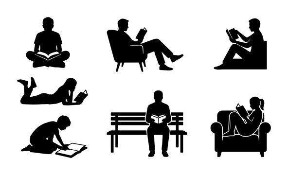 Diverse Silhouettes of People Reading Books, Vector Icons Set for Education, Leisure, and Knowledge Concepts