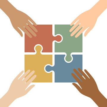 Diverse Hands Assembling Jigsaw Puzzle Pieces Teamwork - Business Illustration Isolated on Transparent Background