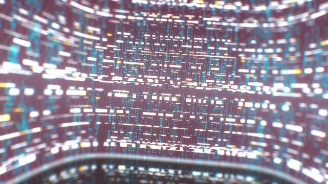 Curved matrix wall of glowing cyan and white data bits with red server lighting flickers in an abstract 3D tech animation