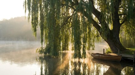 Weeping willow tree hangs over misty lake water near wooden boat at dawn. © Kinza