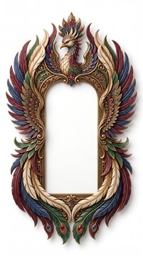 Ornate phoenix bird mirror frame with intricate wood carving details. Mythical firebird decorative border for fantasy art. Elegant phoenix sculpture frame for luxury home decor and photo