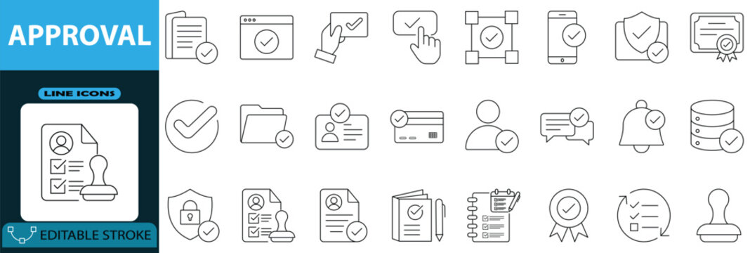 Approval line Editable icon set for verification symbols Vector illustration
