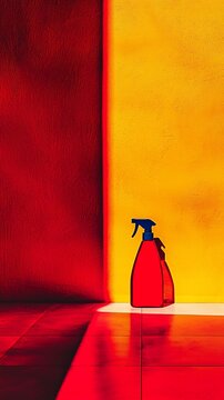Red spray bottles against vibrant red and yellow wall.