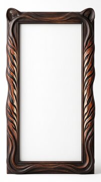 Ornate tiger wood frame with animal ear details, dark mahogany carved wooden picture frame for wildlife art, exotic feline striped texture border, vertical timber frame for safari themed decor.