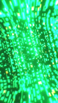 Bright green neon digital data blocks and glowing circuit streams cascade along a vertical axis in a futuristic 3D animation