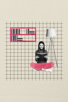 3D collage poster template trend artwork sketch of young woman sit down hold open book read home furniture lamp reader hobby study library