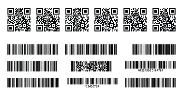 Digital scan codes including multiple black QR patterns and vertical bar lines on white flat backgrounds